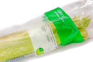 Plastic film such as this celery packaging will be accepted for recycling by supermarkets in the same bins as carrier bags